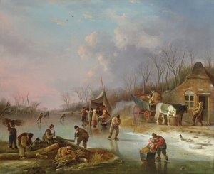 Paysans hollandais sur une rivière gelée
