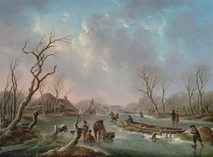 Patineurs sur une rivière gelée