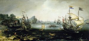 Navires néerlandais chargeant une cargaison de bois dans un fjord scandinave