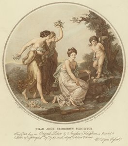 Deux nymphes se moquent de Cupidon attaché à un arbre (lithographie en couleur) - Angelica (after) Kauffmann