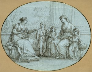 Cornélie, mère des Gracques, est assise (à droite) face à une riche Romaine, à qui elle montre ses trois enfants comme son bien le plus précieux - Angelica Kauffmann