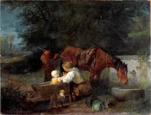 Une fermière avec son enfant, un garçon de ferme et un cheval