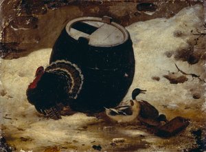 Animaux et un tonneau dans la neige - Angelo Inganni
