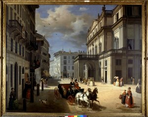 Représentation de la Piazza della Scala à Milan par Angelo Inganni. 19ème siècle. Pinacoteca di Brera, Milan