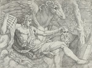 Apollon tenant des pipes dans sa main droite accompagné de Pégase, 1556-60 - Angiolo Falconetto