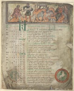 Cotton Tiberius B. V, Partie 1, f.5 Page de calendrier pour mai. Garder les moutons. Deux bergers avec leur troupeau, l