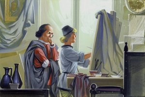 Un jeune Léonard de Vinci assistant son maître Verrocchio pour Le Baptême du Christ (gouache sur papier)