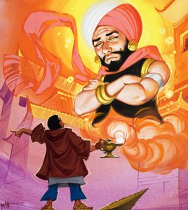 Aladin commandant le Génie, illustration de "Aladin et sa lampe merveilleuse" (gouache sur papier)