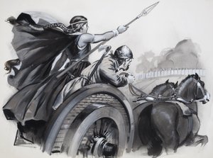 Boadicea attisant la fureur des Britanniques contre leurs suzerains romains (gouache sur papier) - Angus McBride