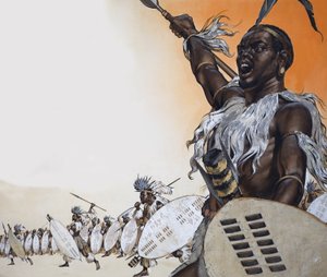 Chaka au combat à la tête du régiment de Tulwana impi (gouache sur papier) - Angus McBride