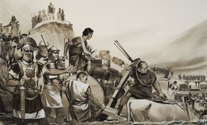Jules César (100-44 av. J.-C.) conduit ses soldats à travers le petit fleuve Rubicon et marche sur Rome (gouache sur papier)