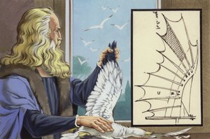 Léonard de Vinci étudiant les oiseaux afin de découvrir comment un homme peut voler (gouache sur papier)