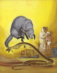 Mangouste tuant un serpent dans une maison indienne (gouache sur papier)