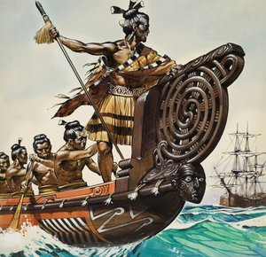 Les indigènes et le capitaine Cook (1728-79) (gouache sur papier)