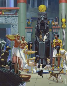 Serviteurs nourrissant des chats dans un ancien temple égyptien (gouache sur papier) - Angus McBride