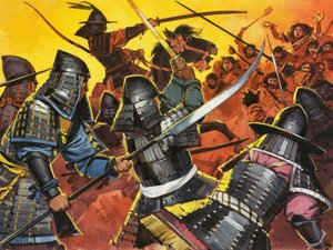 Guerriers japonais non identifiés au combat - Angus McBride