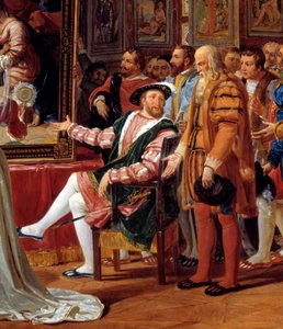 Détail de la peinture : Le siècle de François 1er : François 1er roi de France reçoit à Fontainebleau la peinture de la Sainte Famille, envoyée de Rome par Raphaël (Raffaello Sanzio peintre italien) en hommage à sa gratitude. Léonard de Vinci