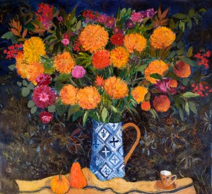 Chrysanthèmes orange sur une nappe en tapisserie, 2022
