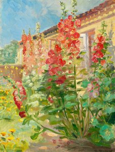 Des roses trémières rouges dans le jardin de la famille Ancher à Markvej à Skagen. - Anna Ancher