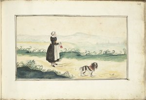 Paysanne et chien dans un paysage