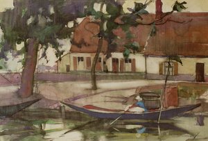 Bateau sur un canal, village français