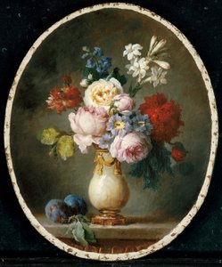 Un vase de fleurs et deux prunes sur une table en marbre, 1781