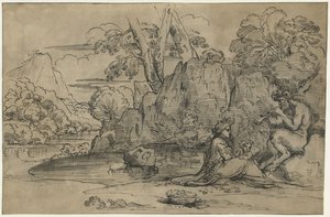 Paysage avec un satyre jouant de la flûte, une femme et un putto - Annibale Carracci (attributed to)