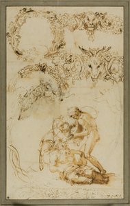 Silène ivre et esquisses décoratives : Études pour la Tazza Farnese (recto) ; Deux Putti se battant : Étude pour la Galleria Farnese (verso) - Annibale Carracci