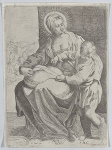 La Vierge assise tenant un oreiller sur ses genoux avec le jeune Christ debout à droite..., 1580-1600 - Annibale Carracci