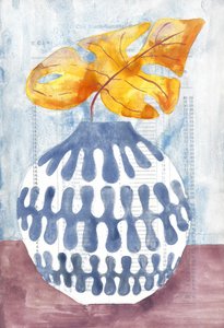 Vase bleu à feuilles dorées - Annick