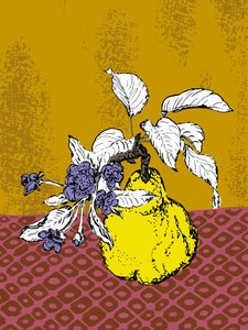Coings et fleurs violettes