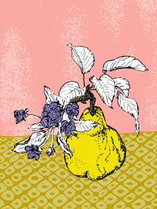 Poire jaune et fleurs