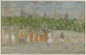 Krishna dansant avec les Gopis sur les rives de la Yamuna à Brindaban