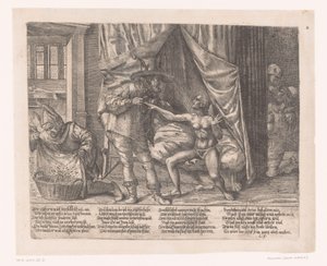 Allégorie avec un homme mettant une ceinture de chasteté à une femme