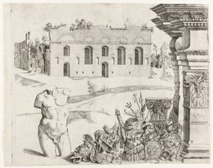 Caprice architectural avec spolia, un torse masculin et une vue sur les Thermes de Dioclétien - Anonymous