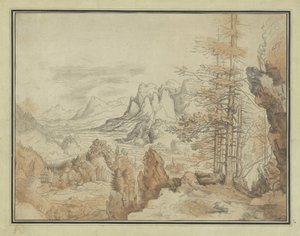 Paysage de montagne avec arbres et vue sur une vallée - Anonymous