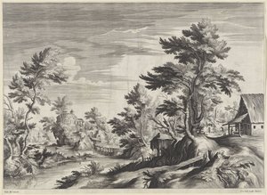 Paysage fluvial boisé avec quelques bâtiments