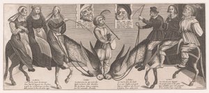 Mariée et marié réunis sur des ânes, musicien au milieu - Anonymous