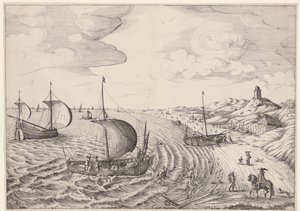 Paysage côtier avec bateaux de pêche - Anonymous