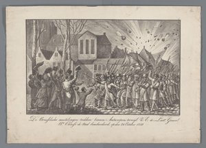 Les émeutiers bruxellois entrent à Anvers, tandis que le lieutenant général Bn. Chassé bombarde la ville, le 28 octobre 1830 - Anonymous