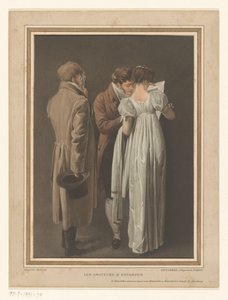 Trois visiteurs regardant une estampe