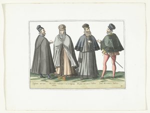 Trois hommes et une femme habillés selon la mode étrangère, vers 1580 - Anonymous