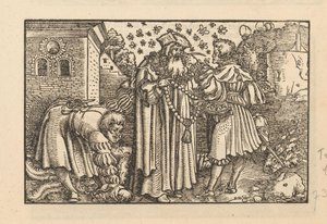 Trois hommes avec des abeilles et des plumes