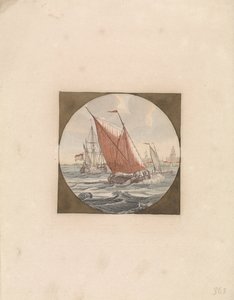 Trois voiliers en mer et une ville sur la côte - Anonymous