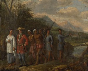 Marchand néerlandais avec des esclaves dans les collines des Indes orientales - Anonymous