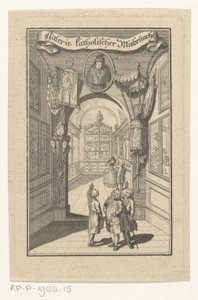 Figures dans une galerie avec portrait et objets liturgiques - Anonymous