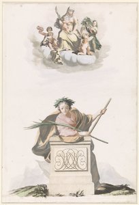 Figure appuyée sur un pilier de pierre avec des initiales et Marie sur les nuages
