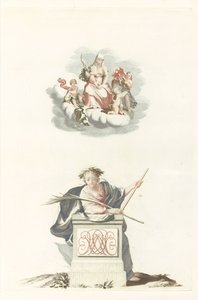 Figure appuyée sur un pilier de pierre avec initiales et Marie sur les nuages