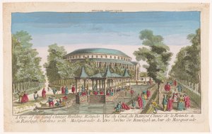 Vue de la Rotonde et du pavillon chinois sur le canal dans les jardins de Ranelagh à Londres avec un bal masqué