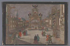 Vue sur une arche de triomphe avec un aigle bicéphale et un buste de Joseph II, empereur allemand, à Francfort-sur-le-Main - Anonymous
